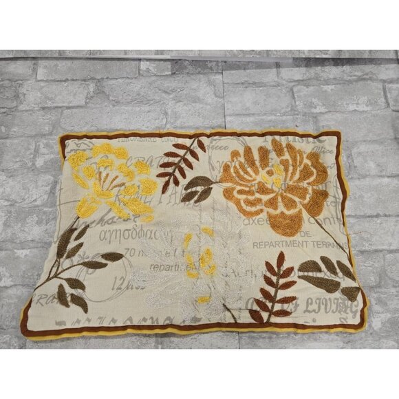 Pier One Beige Brown Yellow Floral Boho Embroidered Pillowcase Zippered 12x20" - Picture 1 of 9